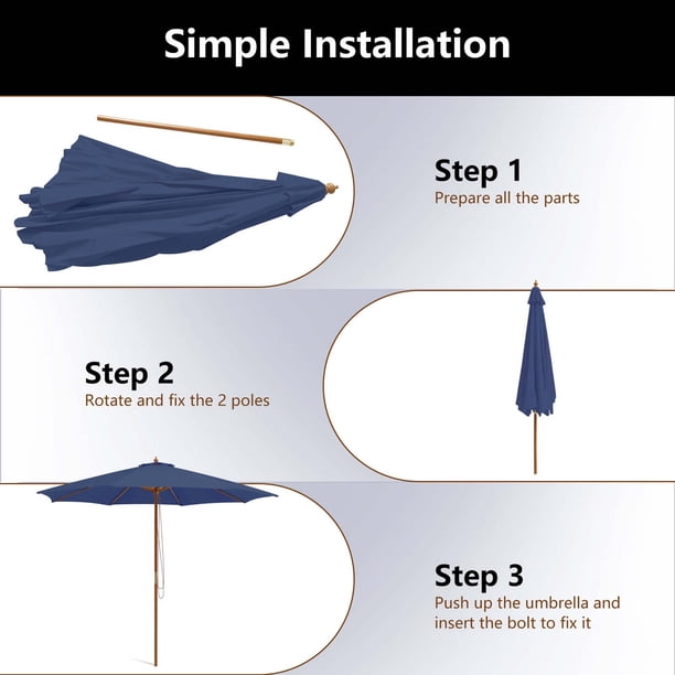 costway patio umbrella instructions Costway 10FT Patio Wooden Market Table Umbrella Pulley with 8 Bamboo Ribs  Sunshade Canopy Navy