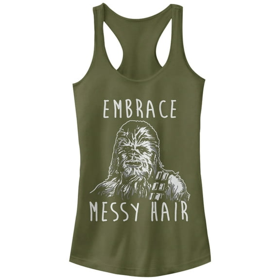 Junior's Star Wars Chewbacca Embrace Messy Hair Racerback Tank Top Military Green Medium