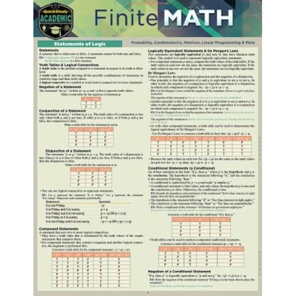 Pre-Owned Finite Mathematics : A QuickStudy Laminated Reference Guide (Paperback) 9781423238690