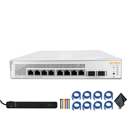 HPE Networking Instant On Switch Series 1930 8-Port Gb Smart-Managed Layer 2  Ethernet Switch with PoE (JL681A#ABA) Bundle with 8x Ethernet Cables, Surge Protector, Cable Ties, Fiber Cloth