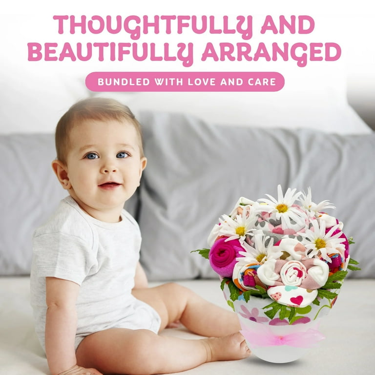 Baby Clothing Flower Bouquet, New Baby Girl Gift Basket with Baby