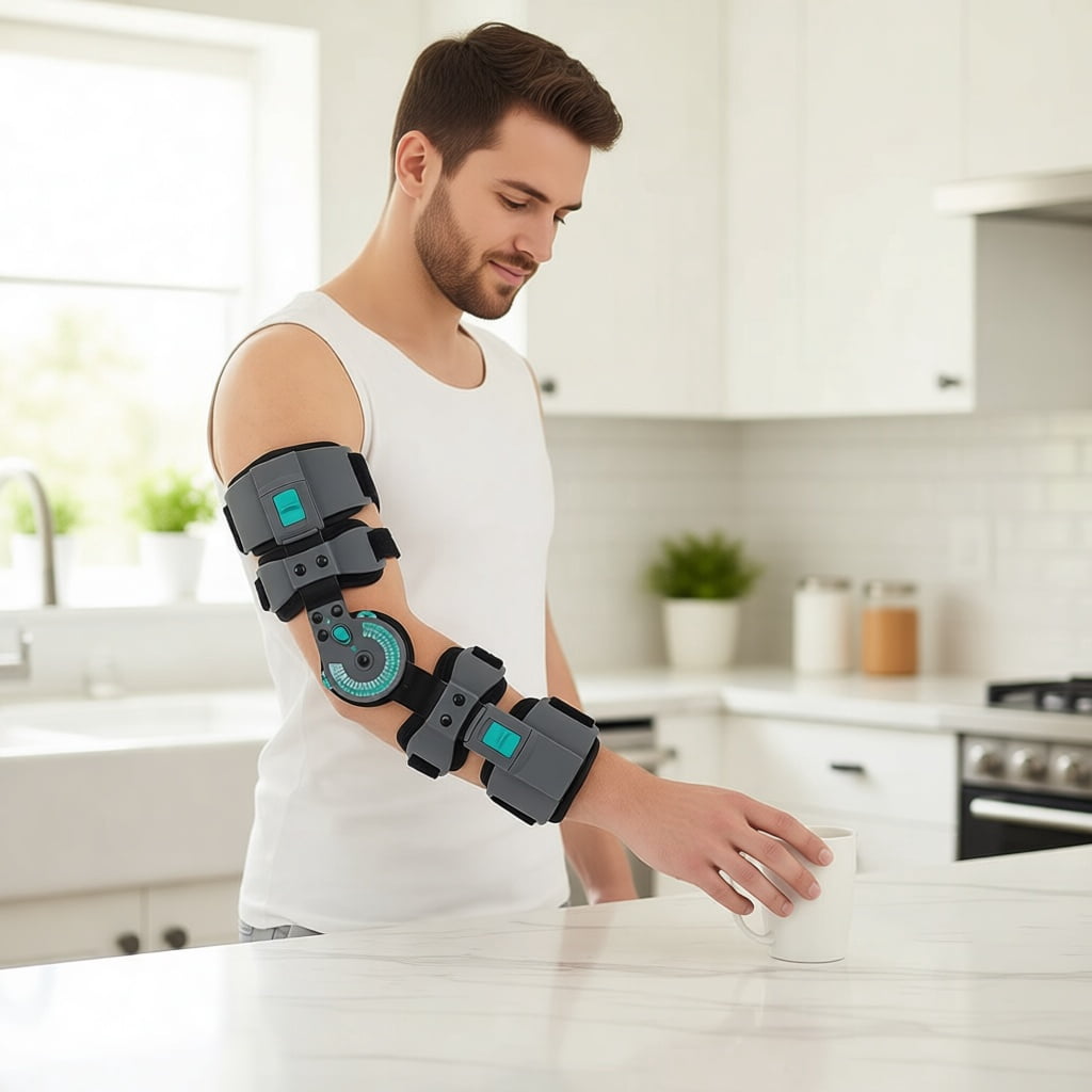 Komzer Hinged ROM Elbow Brace, Adjustable Post-Op Splint Stabilizer for Surgery Recovery, Ligament and Tendon Repairs and Dislocation (Right)