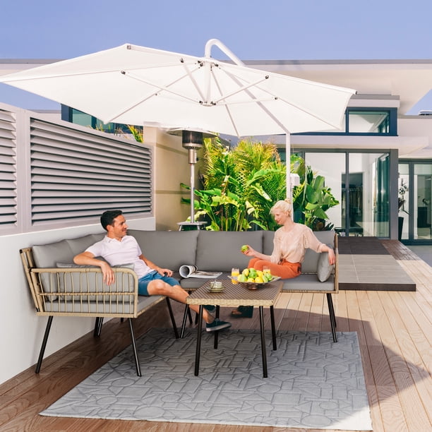 l shaped patio furniture umbrella Grey and Blue Outdoor Sectional 7pc - FINAL SALE ITEM day sun protection. 9ft Black Square Patio Umbrella