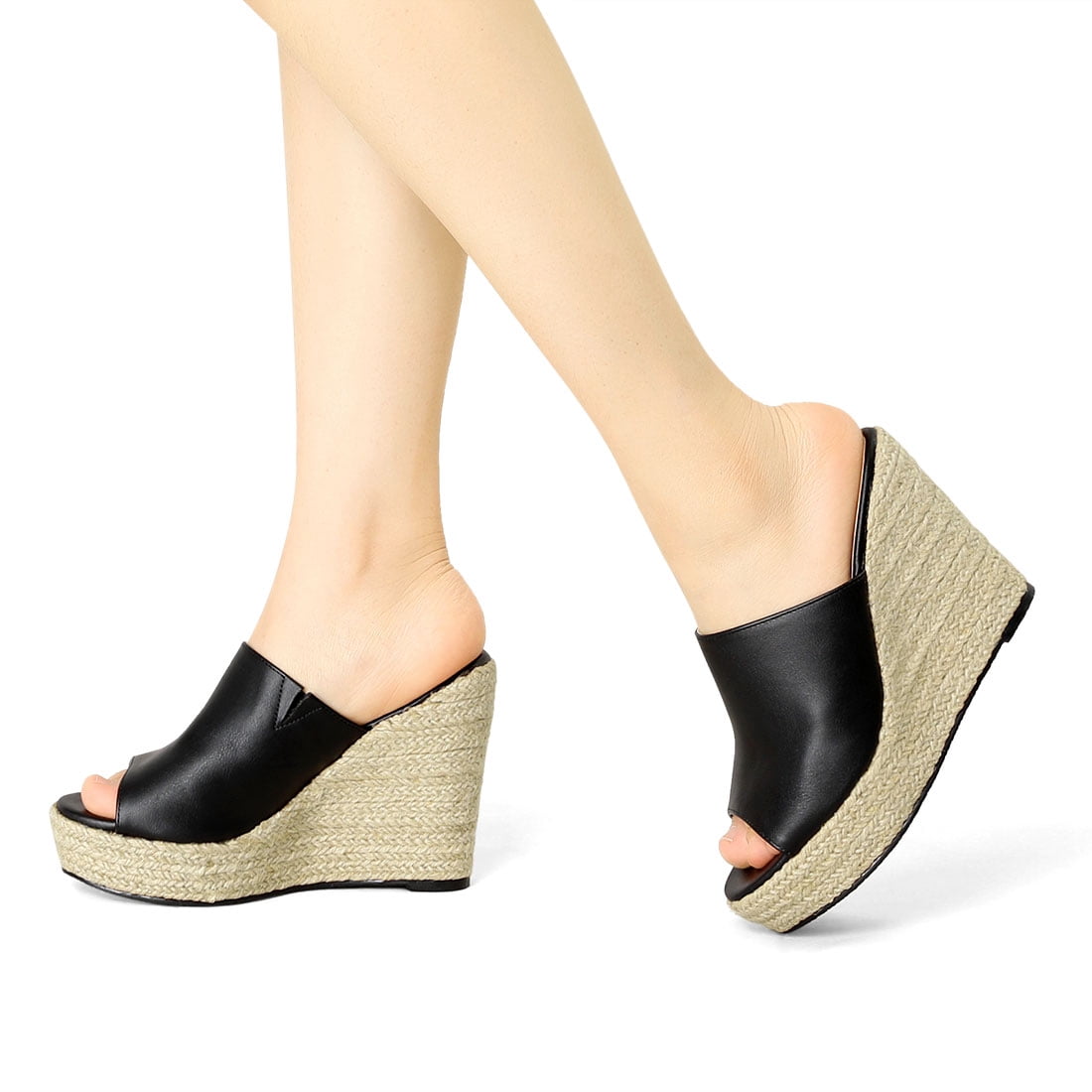 DARING DIVA Women's Slip on Platform Sandals Espadrilles Wedges Slides Mules Black 10