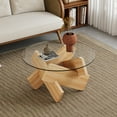 thumbnail image 2 of Hassch 33.4 Inch Round Coffee Table, Mid-Century Modern Circle Cocktail Table w/ Glass Top with MDF Legs, Rustic Center Table for Living Room (Natural), 2 of 8