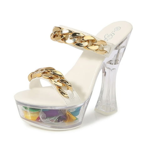 

Aayomet Womens Wedge Sandals Luminous Metal Buckle High Heels Thick Heels Super High Heels Platform Fashionable High Heels White 9