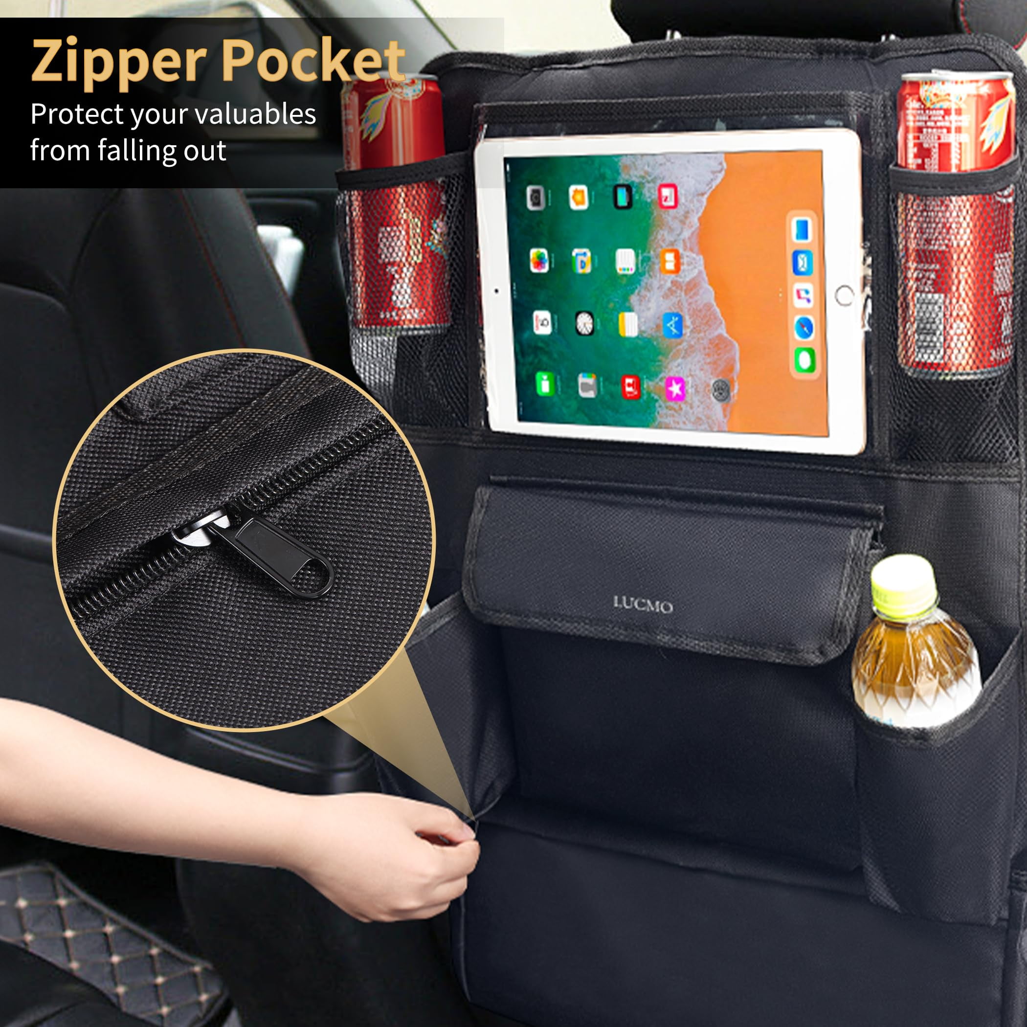 GUANGHUI Car Backseat Organizer with Tablet Holder,6 Storage Pockets Car Storage Organizer with Foldable Food Tray,Protectors Kick Mats Travel Accessories-black