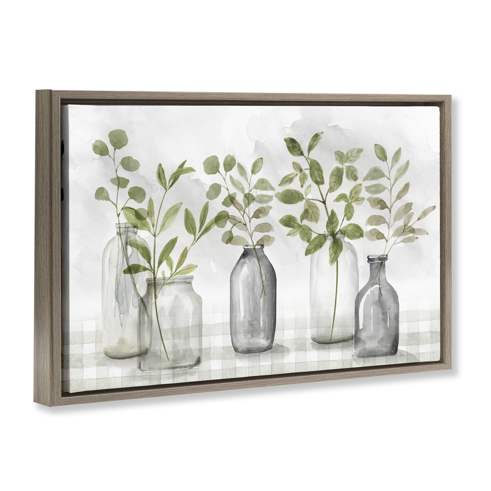 Stupell Industries Greenery Leaves in Vases Brown Framed Floater Canvas Wall Art, design by Nan