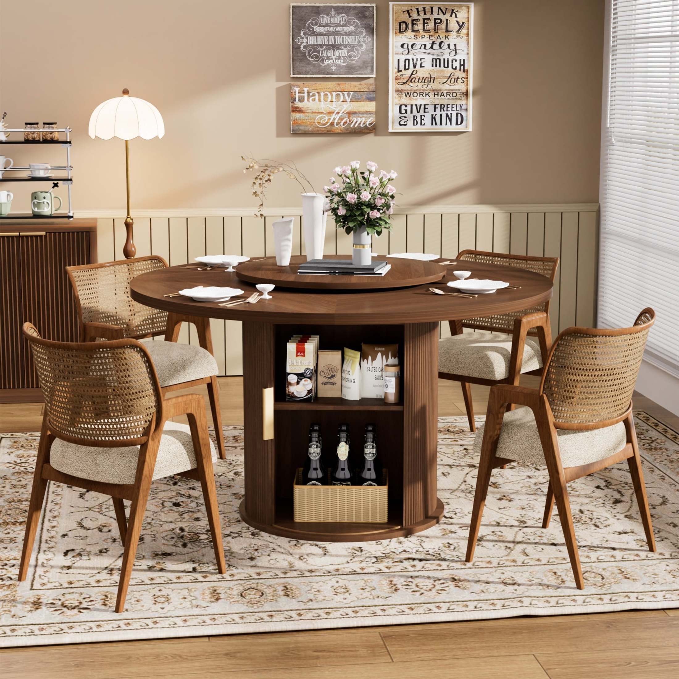 Noble House 55" Round Dining Table for 6, Double-Tier Storage, Rotating Tray, Wavy Sliding Doors, Walnut