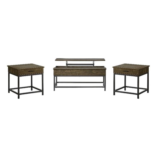Byers Ensemble de 3 Pcs Table Basse Relevable et Table d'Appoint Chêne Brun