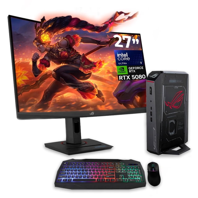 Computadora Escritorio Mini PC Gamer IA ASUS ROG NUC 2025 NVIDIA GeForce RTX 5080 Intel Ultra 9 275HX 1837 TOPS 32GB DDR5 2TB M.2 Monitor 27 180Hz 1ms WiFi 7 BT 5.4 W11H-I Gaming profesional