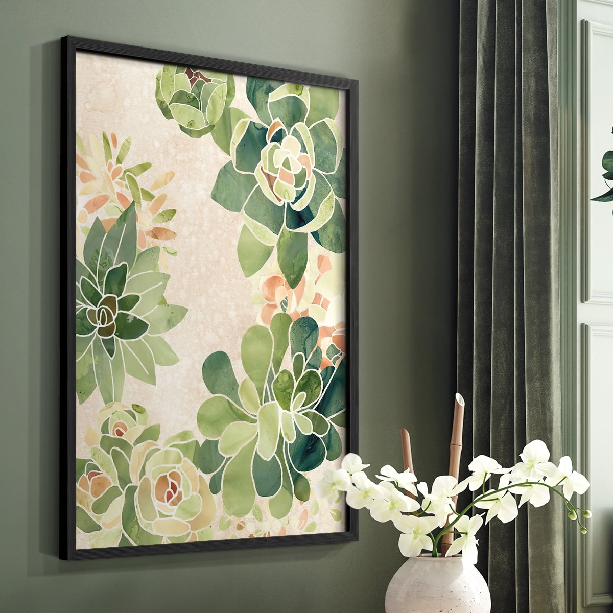 Stained Glass Succulents II Framed Print in Black Solid Wood Framed Print No Nail Hanging