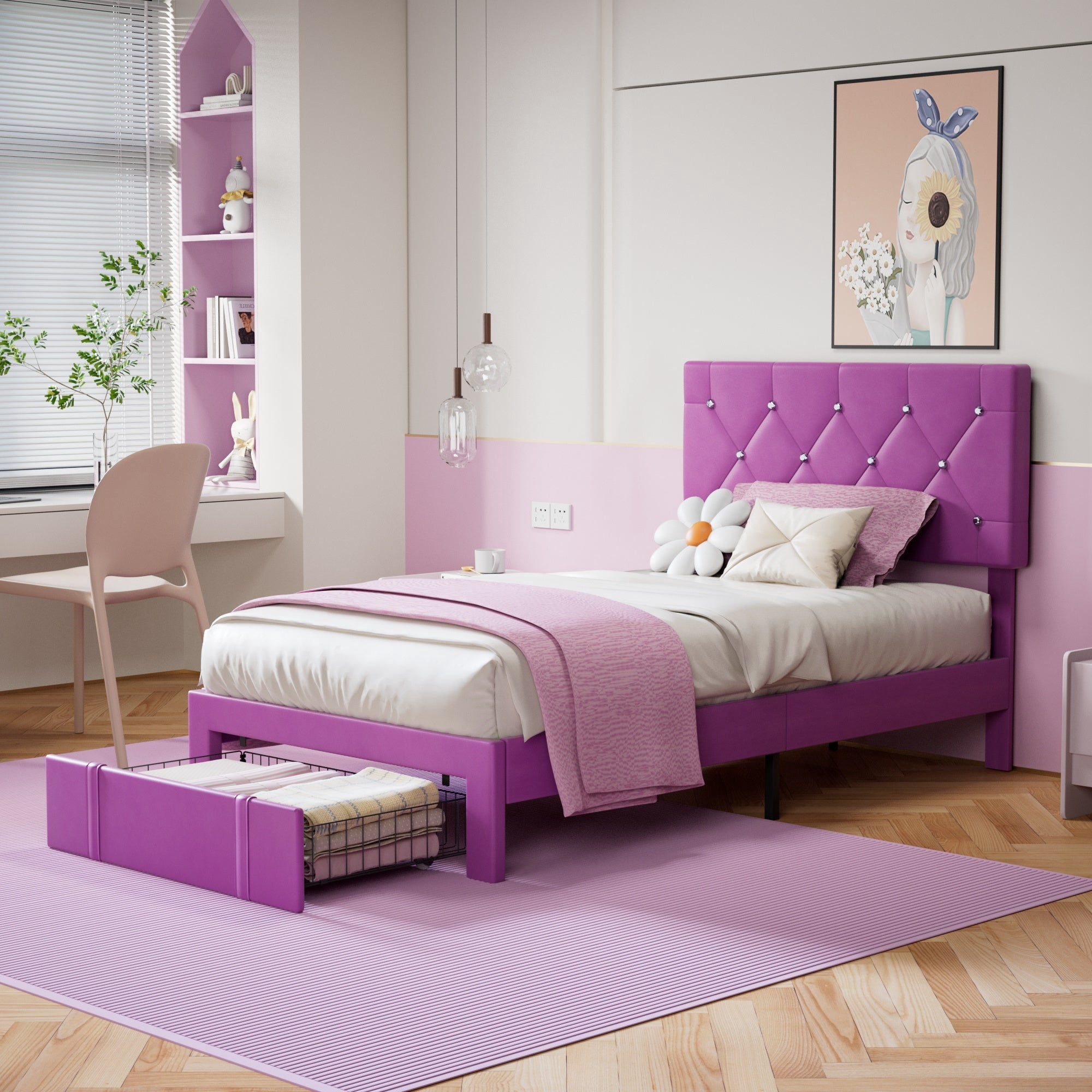 VECELO Upholstered Bed with Storage-1 Drawer, Purple Bed Frame Twin Platform Bed with Faux Leather Tufted Headboard