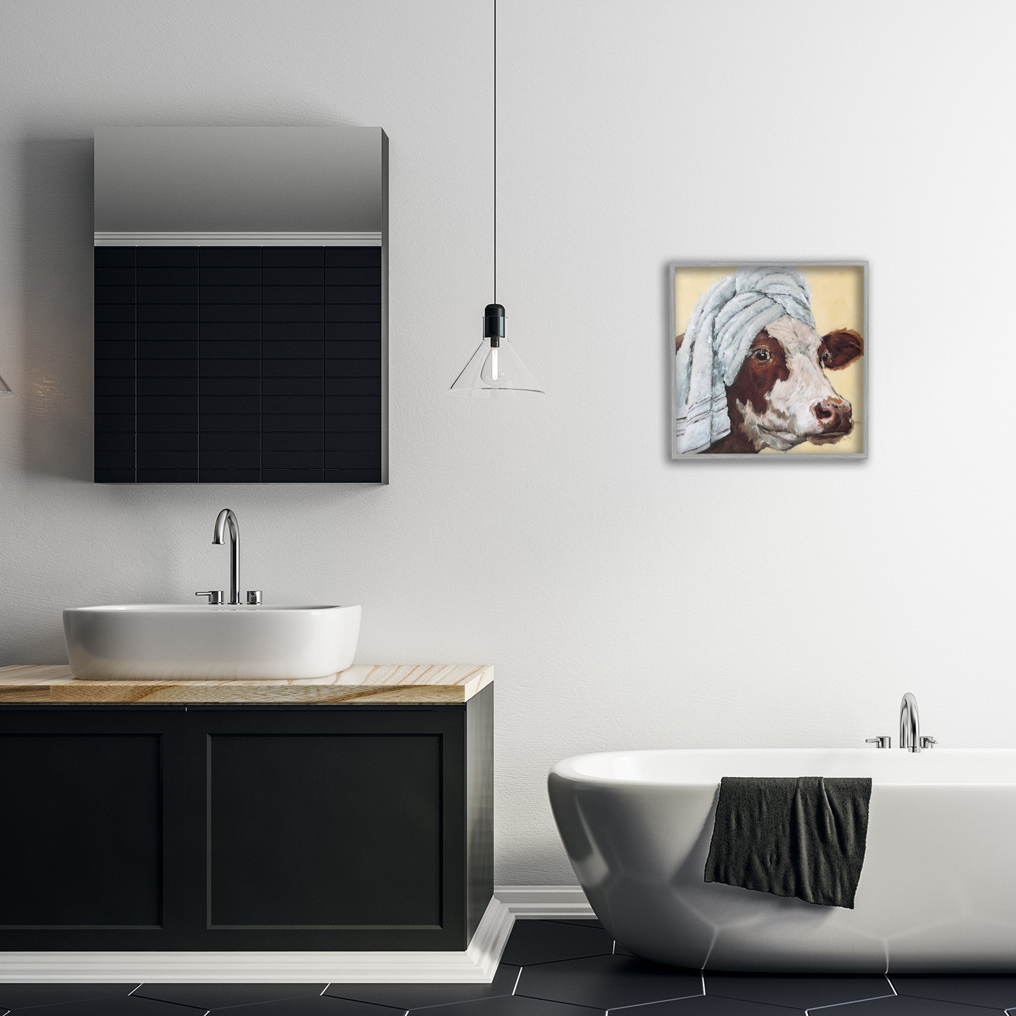 Stupell Industries Cow Spa with Towel Gray Framed Giclee Art, design by Studio Bautista