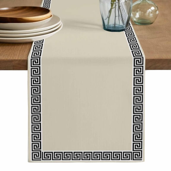 Beige Table Runner, Black Modern Geometric Abstract Art Aesthetics Washable Cotton Linen Table Runners 48 Inches Long, Dresser Scarf Runner for Nightstand/Coffee/End Tables 13''x48''