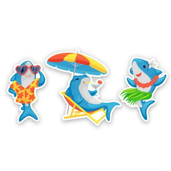 Sharks on Vacation Stickers Set Beach Tropical - 3" Vinyl Sticker - For Car Laptop Water Bottle Phone - Waterproof Decal