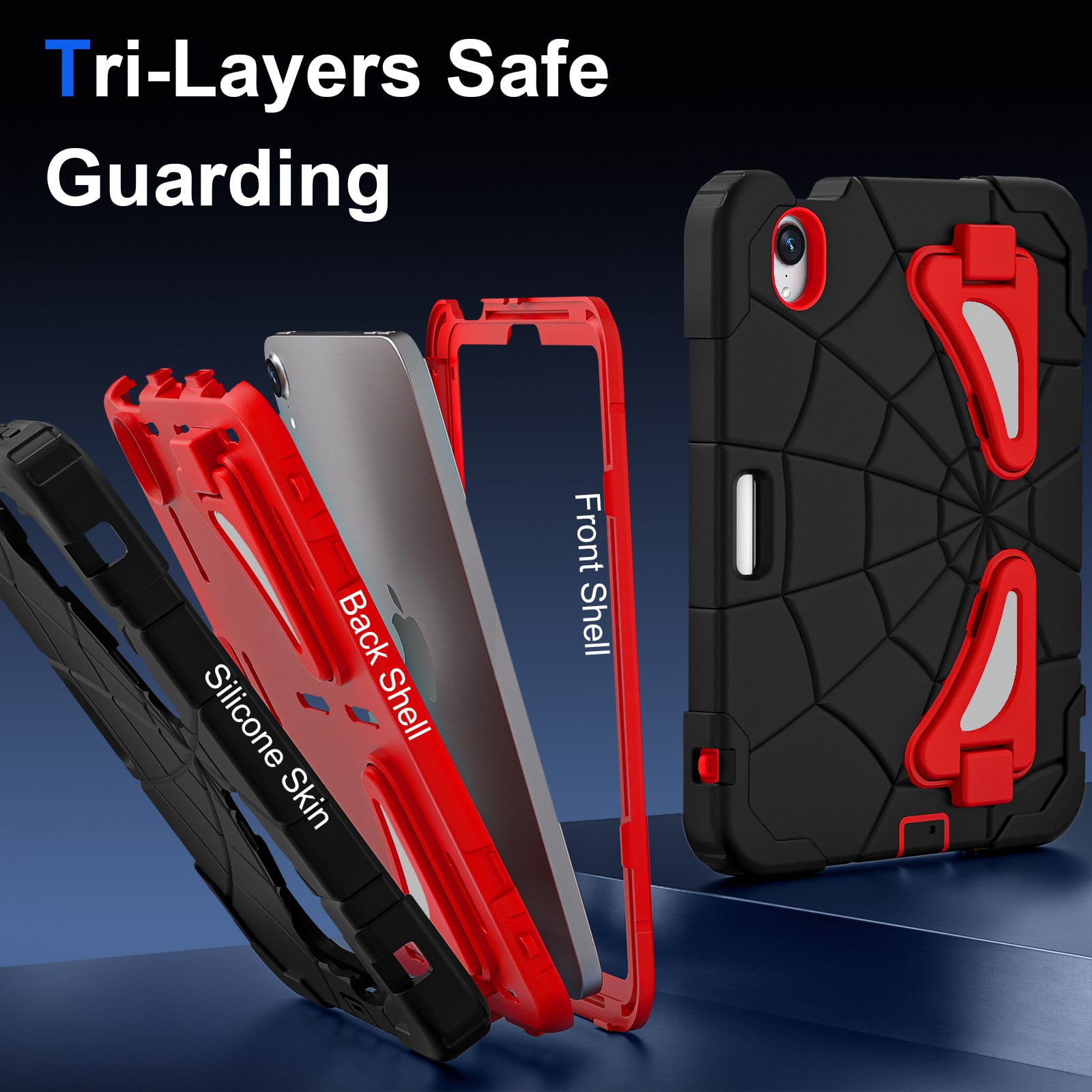 ELEHOLD Kids Friendly Case For Apple iPad mini 7th(A17 Pro) 2024/6th, Heavy Duty Shockproof Rugged Protective Case with Pencil Holder Foldable Kickstand for Boys Children Case, Black+Red