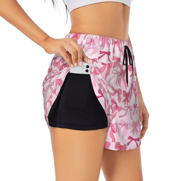 Fuzoiu Pink bows Print Women's Athletic Shorts, Double-Layer Running Shorts with Pocket,Women's Workout Shorts for Yoga, Gym, and Workouts-Medium