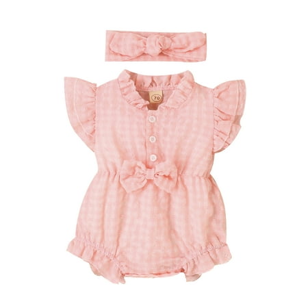 

Coduop Newborn Baby Girls Summer Outfit Ruffle Sleeve Bowknot Romper Bodysuit with Hairband Sets