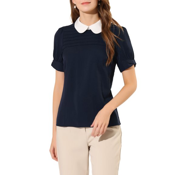 Allegra K Women's Contrast Peter Pan Collar Puff Short Sleeve Pleated Blosue