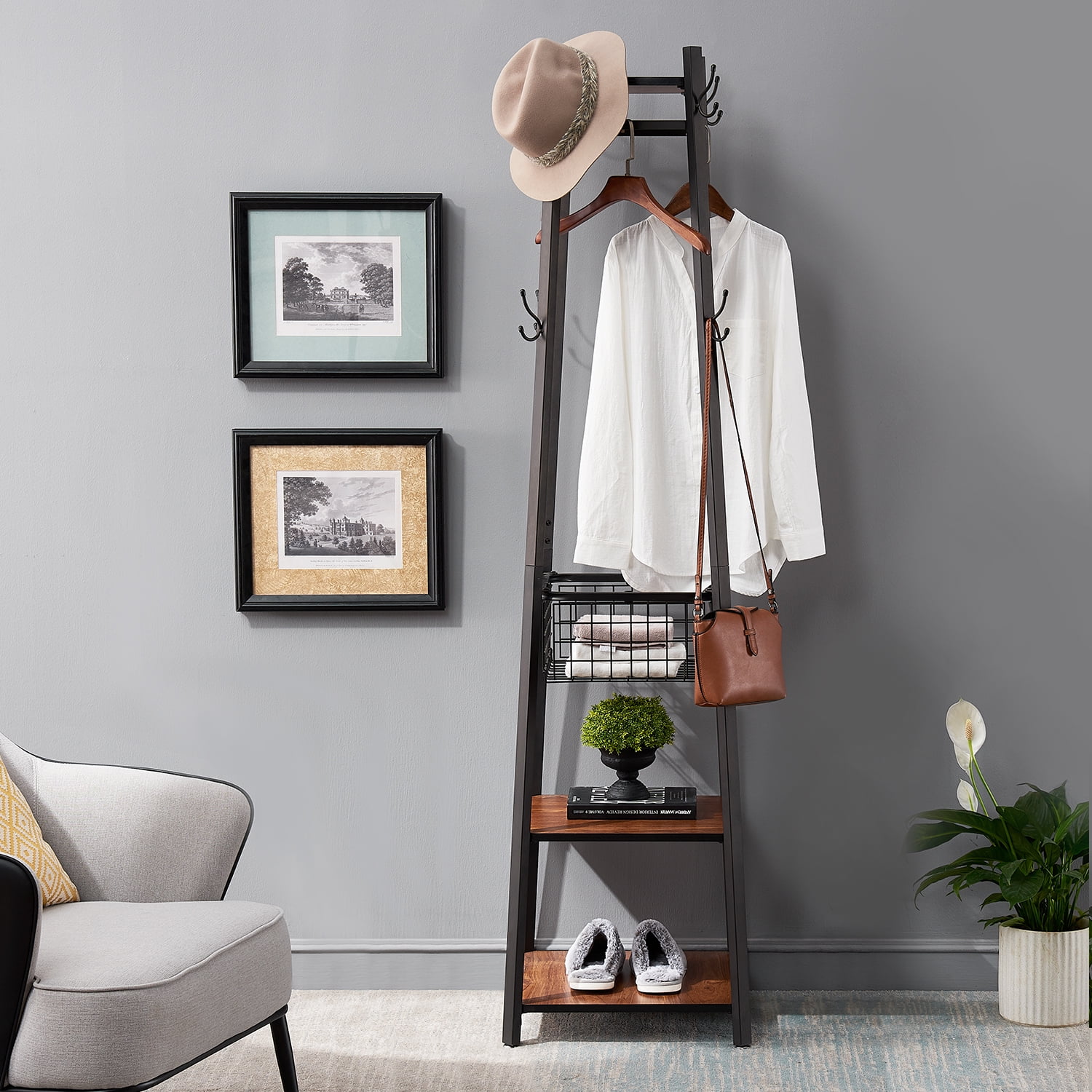 VECELO Coat Rack,Hat Trees,Enterway Clothes Stand with Storage Basket and Shelf for Clothes,Hat,Bags,Upgrade Hall Trees with 6 Hooks,Rustic Brown and Black