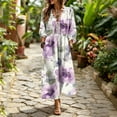thumbnail image 5 of Lnmiateer Women Boho Maxi V Neck Dress Ruffle Lace Up Bust Puff 3/4 Sleeve Elastic Waist Side Slit Flowy Beach Long Casual Wear, 5 of 7