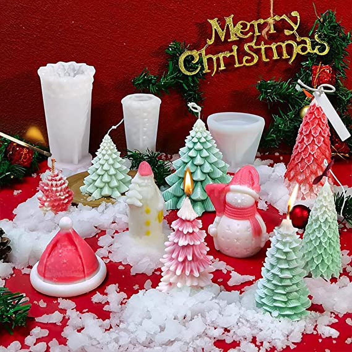 Nvzi 7Pcs 3D Christmas Candle Mold, Candle Silicone Mold Christmas Tree, Santa Claus, Christmas Hat, Snowman with Broom, DIY Candle Plaster Soap Craft Making Tool