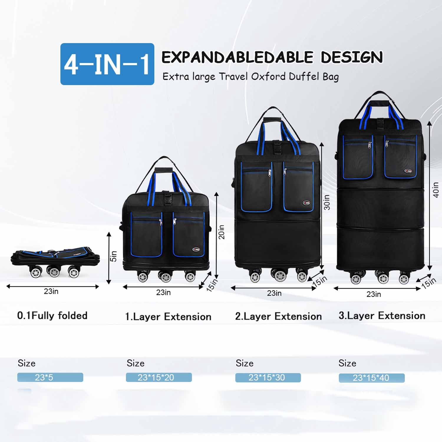 40" Expandable Foldable Luggage Bag,Collapsible Suitcases with Wheels,Lightweight Rolling Duffle Bag for Travel, Moving, Home Storage, Blue/Trim, MEX