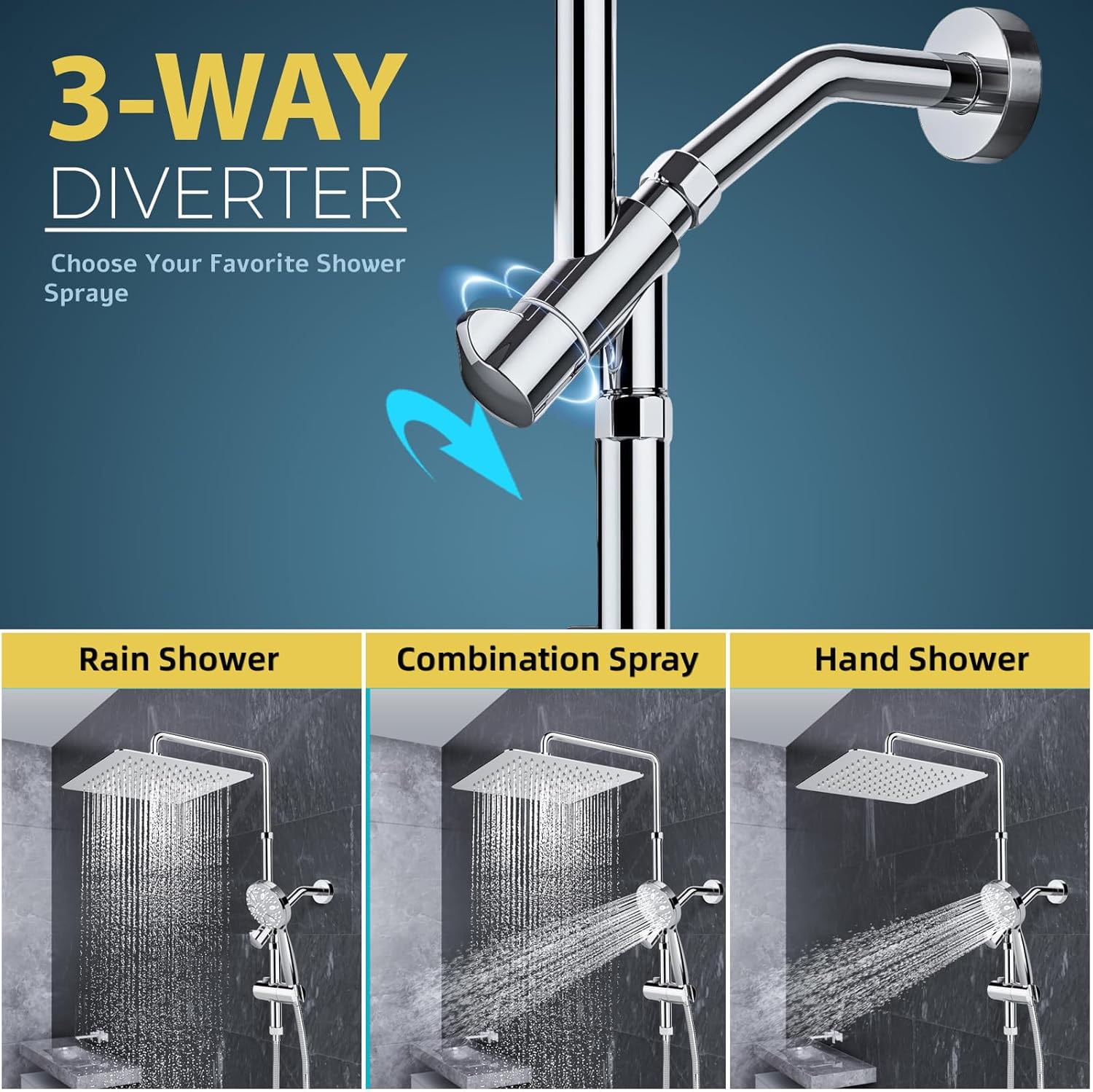 ROSYNEY 12 Inch Rain Shower Head with 8-Setting Handheld Spray Combo, Metal Height Adjustable Shower Arm, Slide Bar with Holder, Stainless Steel Hose, Chrome
