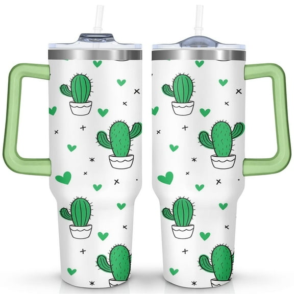 Cactus 40 Oz Tumbler with Handle Lid and Straw, Stainless Steel Double Walled Vacuum Insulated Cup, Cute Anniversary Wedding Birthday Gifts Tumbler for Women Men Friends Outdoor Indoor
