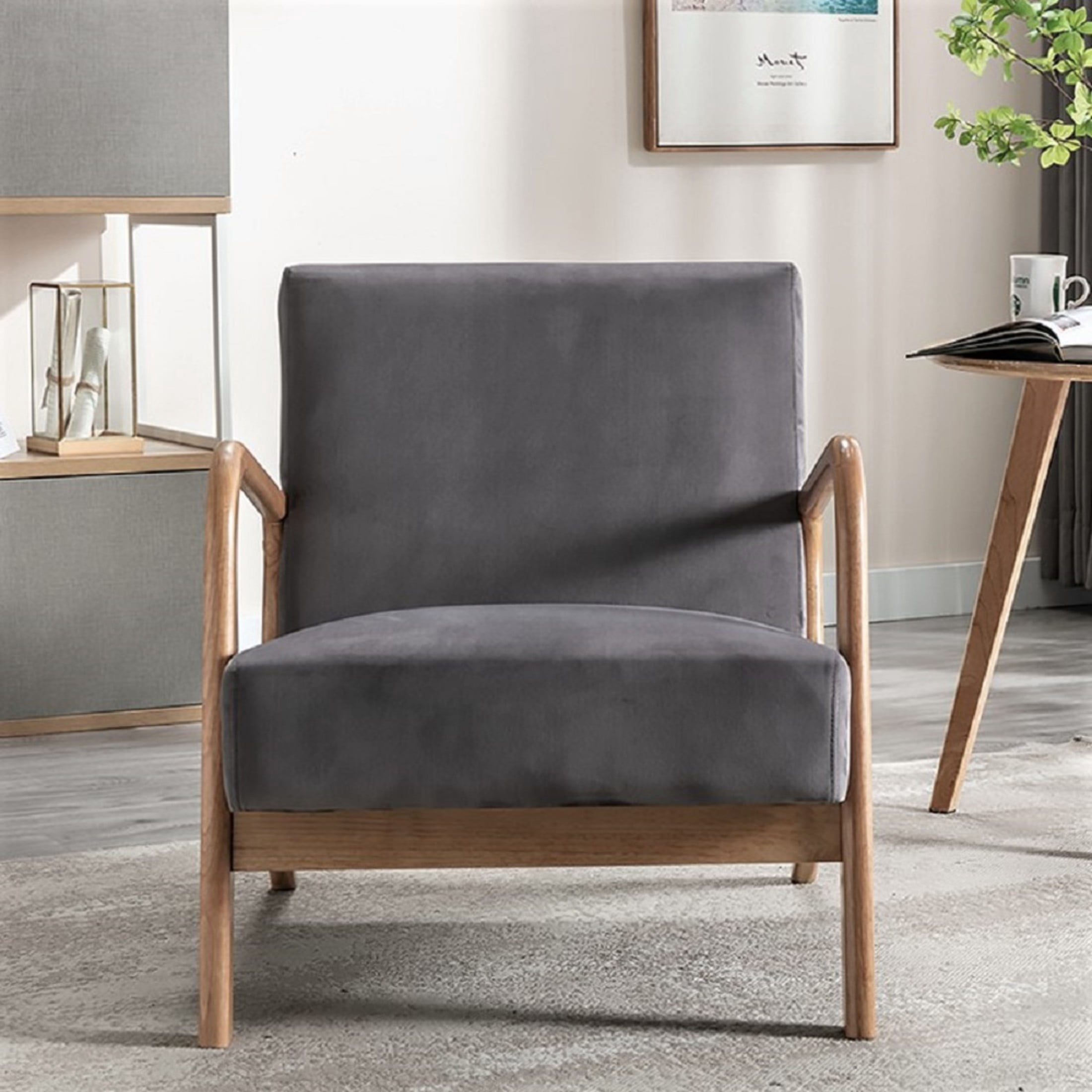 GDF Studio 32.7" Mid-Century Modern Accent Chair with Open Wood Frame, Plush Velvet Upholstery, Gray