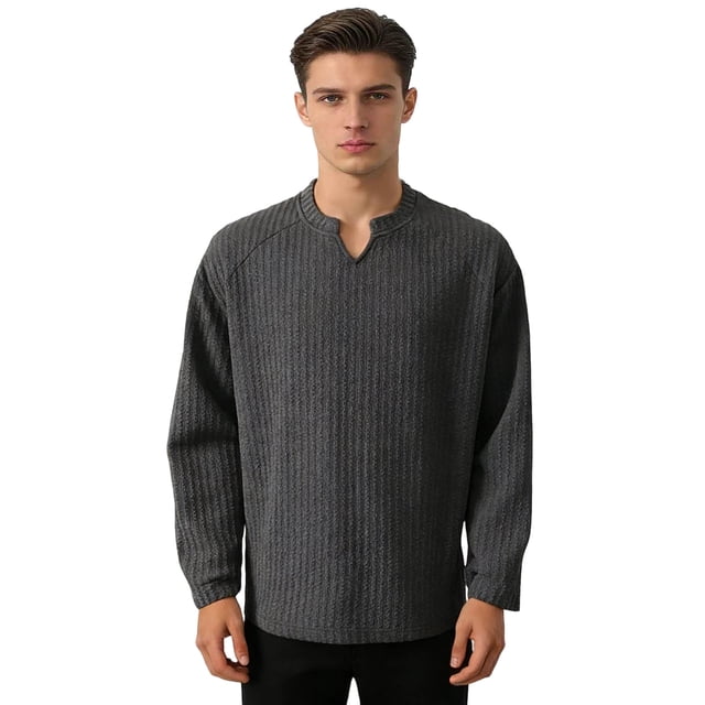 Ceisia Men's Relaxed Fit Vertical Rib Knit Small V-Neck Long Sleeve Casual Top Gifts