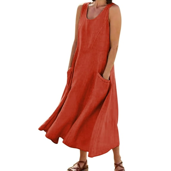Riforla Dress for Women 2024 Fashion Casual Solid Cotton Linen Dress Sleeveless with Pocket Loose Dress Tank Maxi Dress Dresses for Women Orange XXL