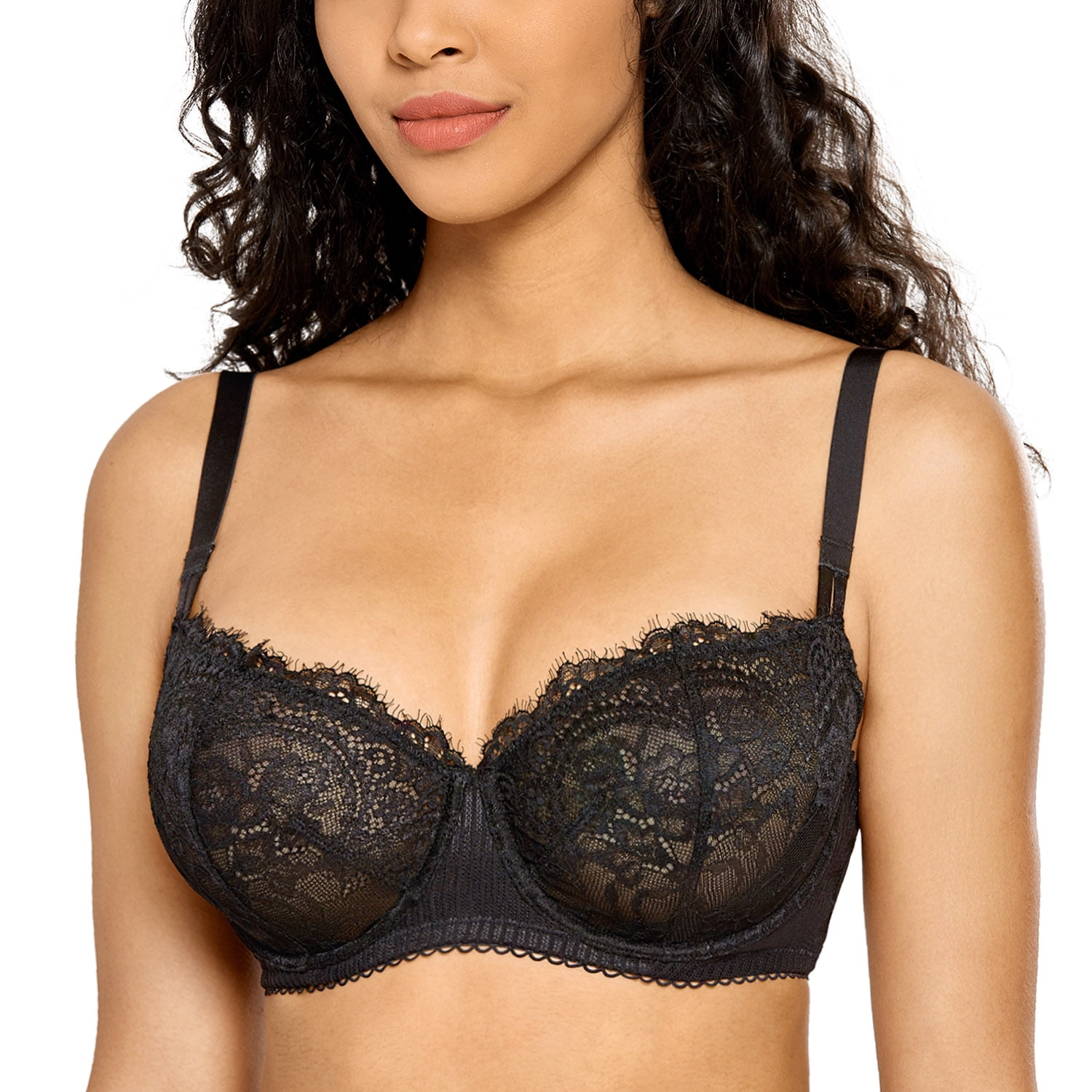 Women's Sexy Lace Push Up Plus Size Bra Sheer Balconette Underwire Unlined