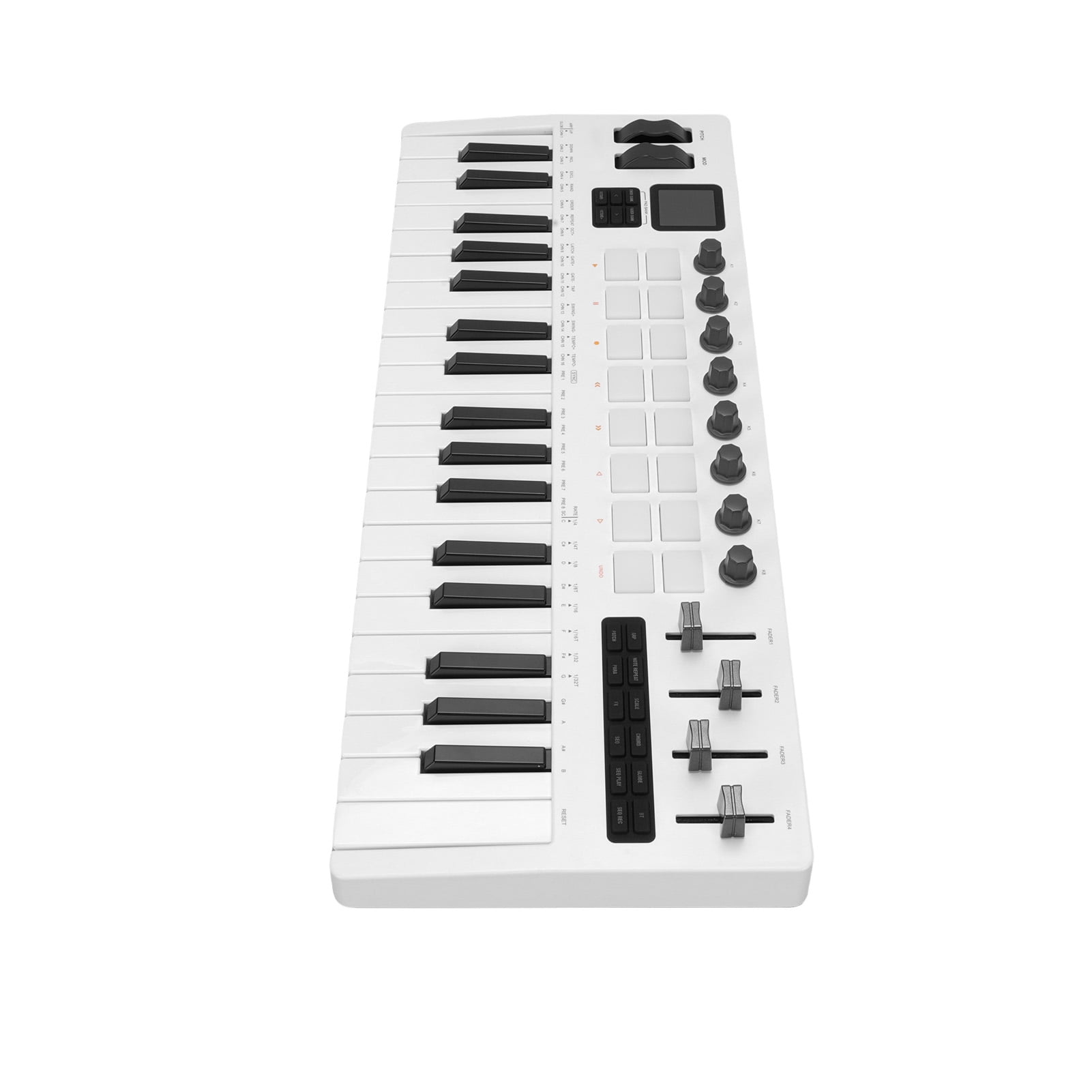 Music production controller Midi M- MIDI Keyboard 37-Key with Velocity Sensitivity 16 RGB Backlit Drum Pads 8 Knobs 4 Faders Synthesizer Engine for Music Production