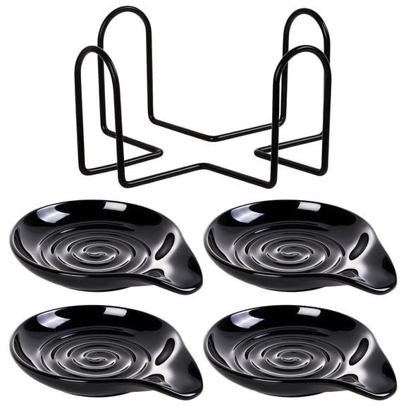 4 Pcs Ceramic Spoon Rest for Stove Top, Black Set with Metal Rack, Spoon Rest, Large Cooking Spoon Rest Dishwasher Safe, Smooth Glossy Surface