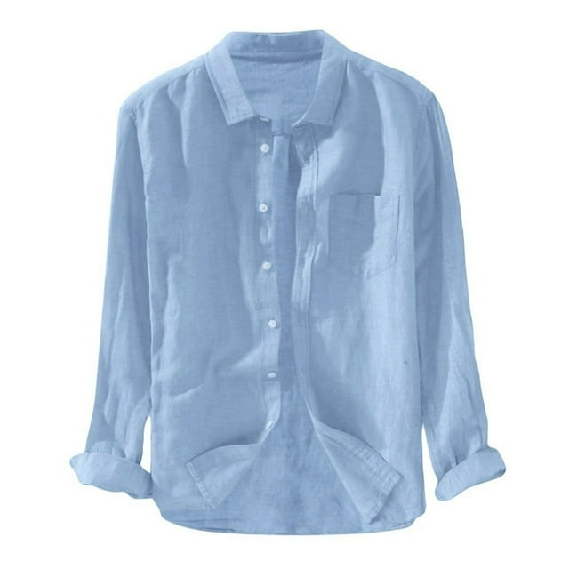 Men‘s Baggy Solid Cotton Linen Long Sleeve Button Pocket Plus Size T Shirts