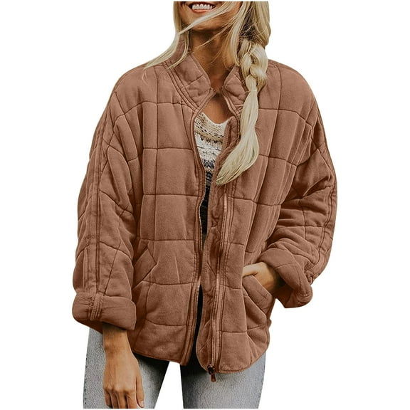 CHUMUD Womens Dolman Long Sleeve Full-Zip Quilted Jacket Casual Stand Collar Warm Outwear Winter Padded Coat with Pockets