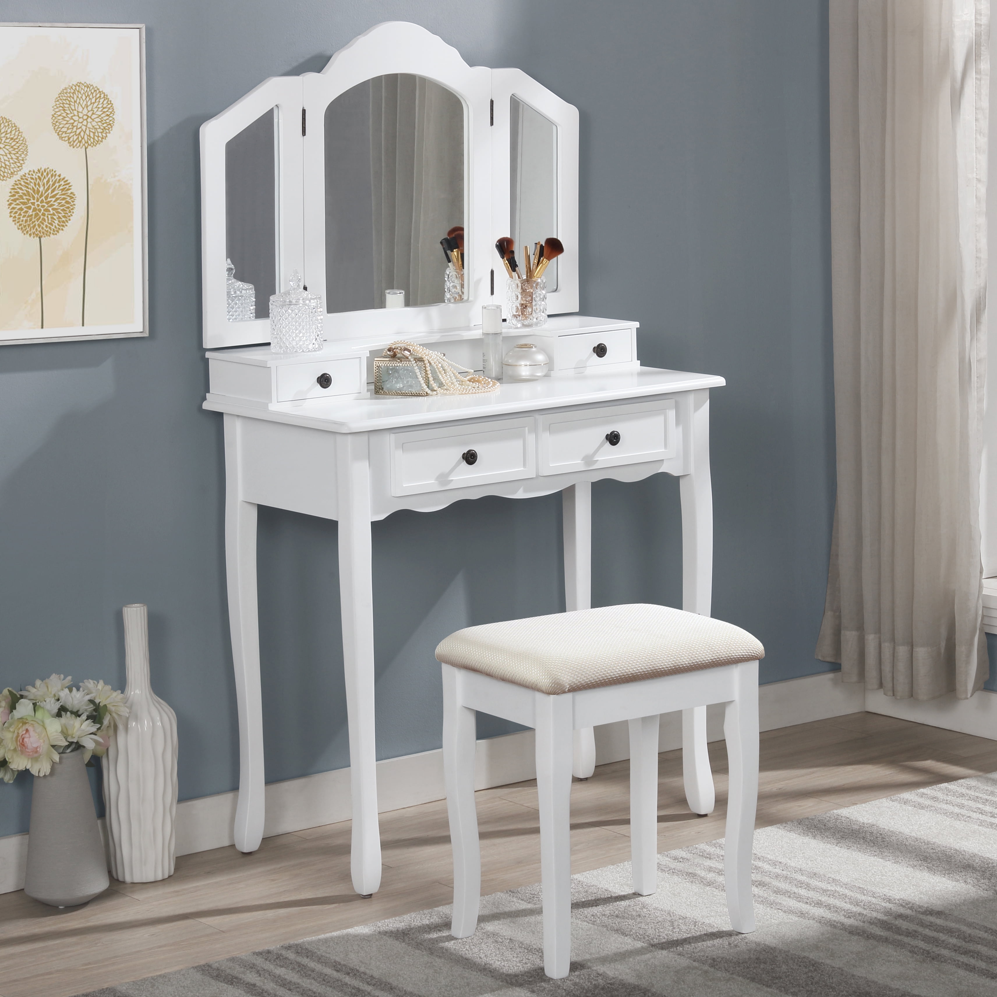 Mintazer Vintage Tri-Fold Mirror Makeup Vanity Table Set, Dressing Table with 4 Drawers & Upholstered Stool for Bedroom, White