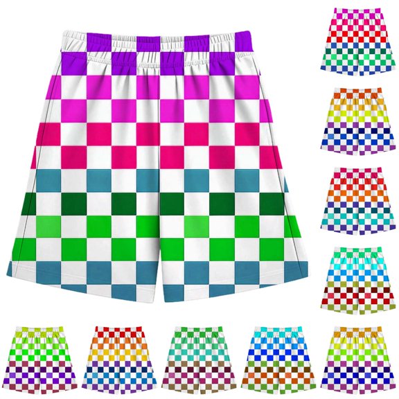 CUZIBR Boys Shorts Rainbow Color Checkerboard Print Athletic Beach Casual Elastic Waist Loose Lightweight Sport Short Pants For Boys Summer Fashionable Holiday Daily Wear,Dark Purple,3-4 Years