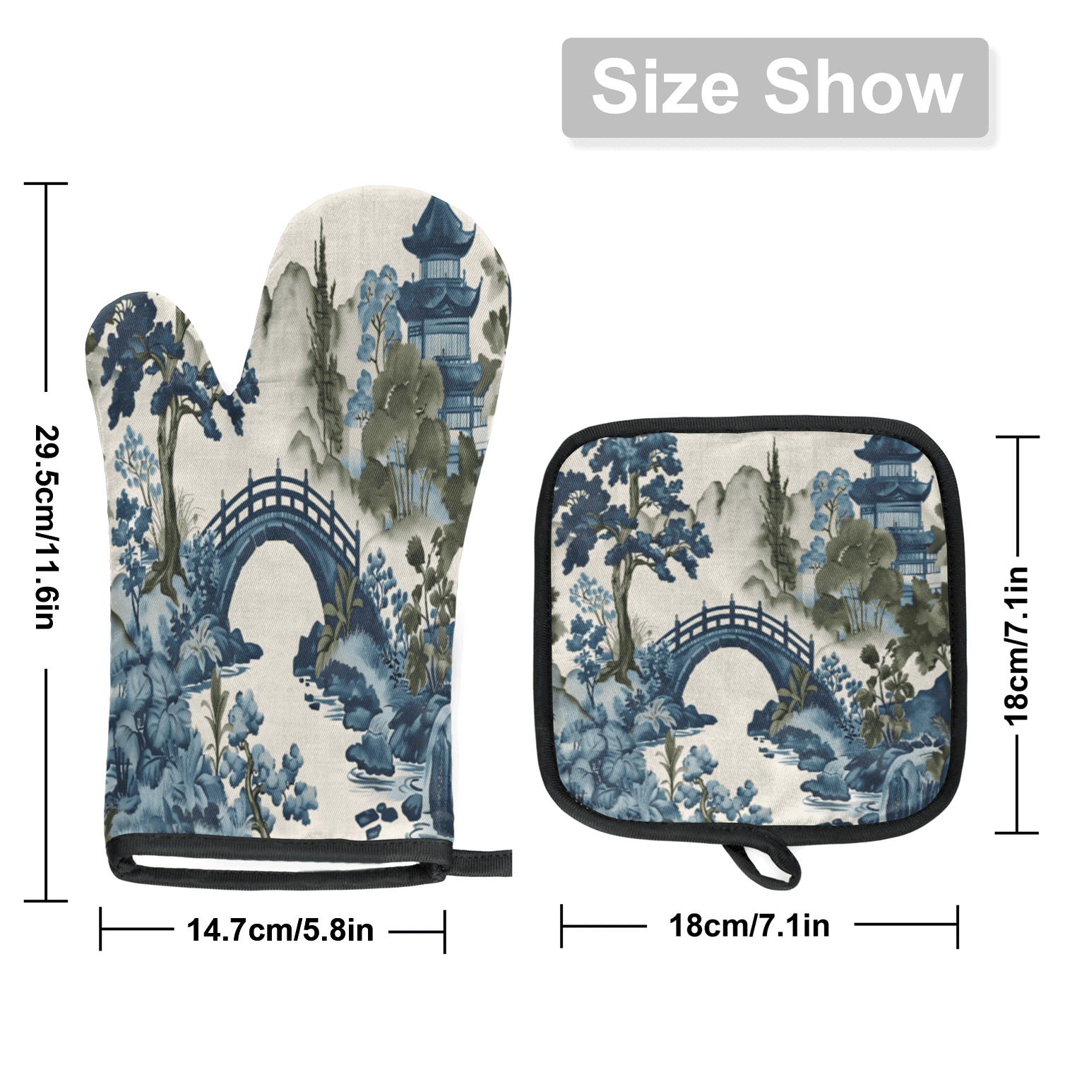 CURLYOOT Japanese Style Bridge Oven Mitts and Pot Holders Sets of 2, Non-Slip Washable Hot Pads and Oven Gloves for Kitchen Cooking Baking