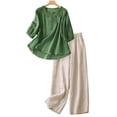 thumbnail image 2 of 2 Piece Outfits for Women Summer Dressy Casual Boho Embroidered Tops Capri Pants Linen Sets for Women 2 Piece,Green XL-4, 2 of 6