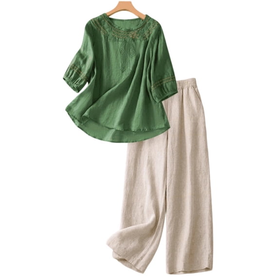 Linen Sets For Women 2 Piece 2026 Summer Outfits for Seniors Women Boho Lounge Set Peasant Dress Beach Vacation Clothes,Green M-2