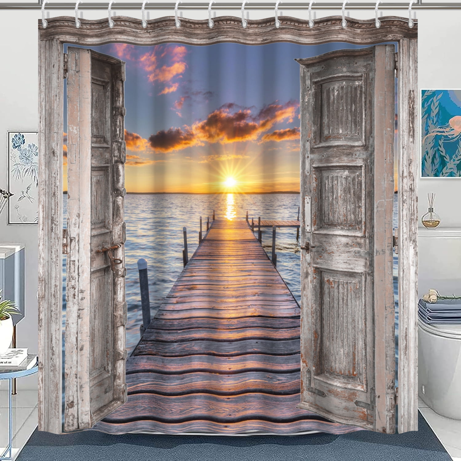 Pbobriich Beach Coastal Shower Curtain for Bathroom Summer Seaside Shower Curtain with Hooks,Wooden Grain Barn Door Design,72x78 Inches