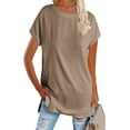 thumbnail image 4 of Women's Round Neck Solid Color T-Shirt Side Slit Casual Short-Sleeved Summer Sports Tunic Top, 4 of 6