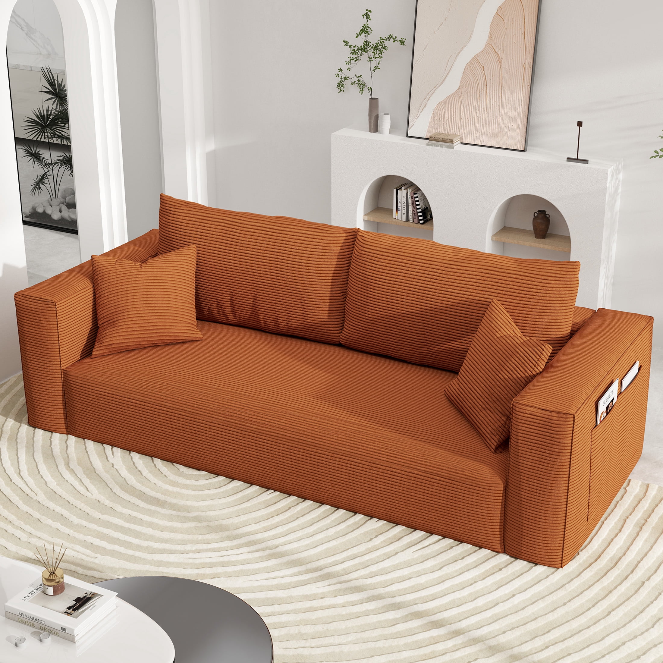 DEALTOPS 88" Loveseat Sofa, 3 Seater Pure Sponge Foam, Corduroy for Living Room, Easy Assembly，Orange