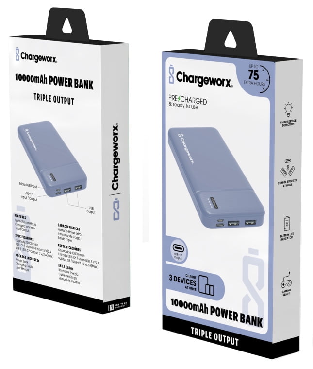 Chargeworx 10000mAh Power Bank – Portable Charger with Triple Output | USB-C, Micro USB & USB Ports | Up to 75 Extra Hours | Compact External Battery Pack for Phones, Tablets & Mor