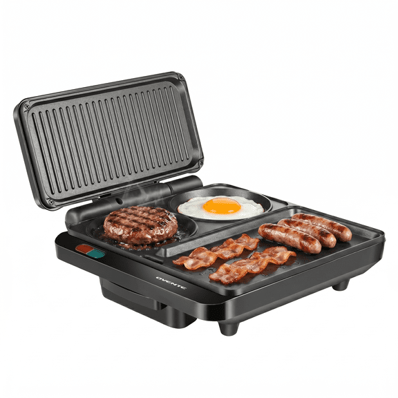 OVENTE Sandwich Maker and Hamburger Grill Machine with Non-Stick Griddle and Griller Plate, 1000W Electric Multipurpose Breakfast Station for Sandwiches, Burgers, Egg Muffin & Pancakes, Black HMG111B
