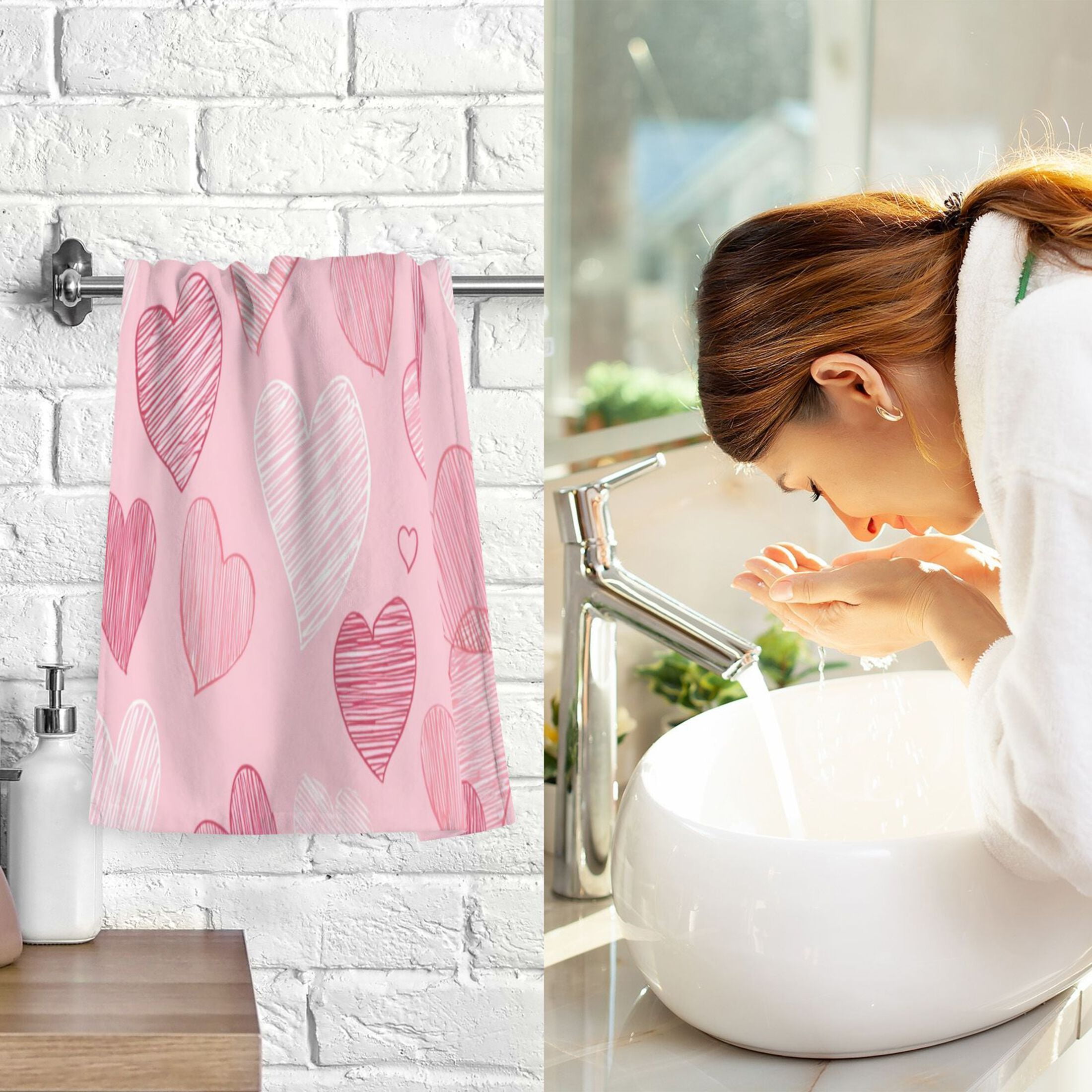 2 Pieces of Cotton Towel Face Towel Set Hand Towel Bath Towel Cotton Bath Towel Sets Valentine's Day Pink Heart
