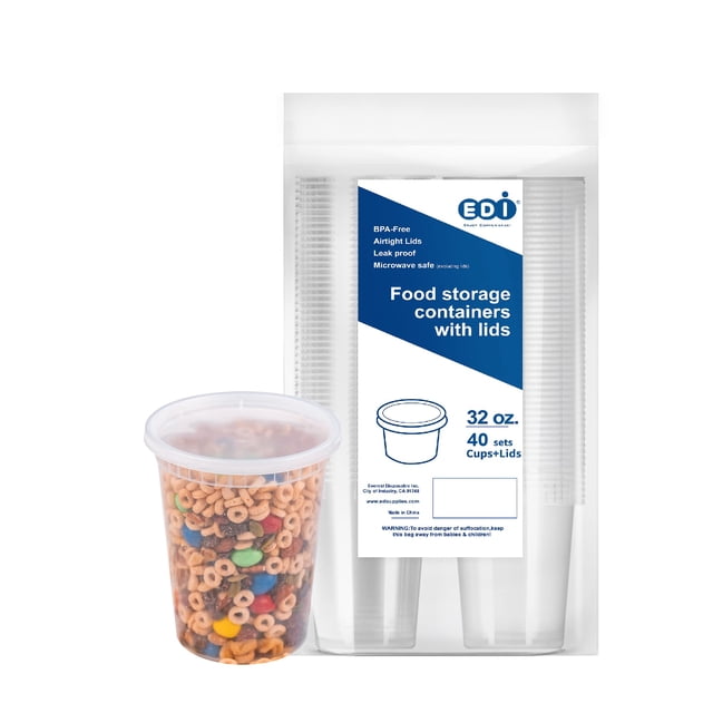 Contenedores de plástico para almacenamiento de alimentos, EDI, 32 oz, 40 juegos con tapas